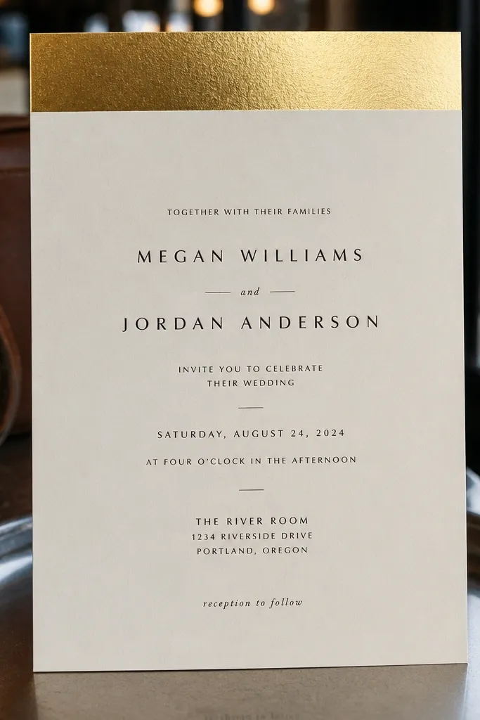 Matte ivory card with champagne gold foil header and dark body text