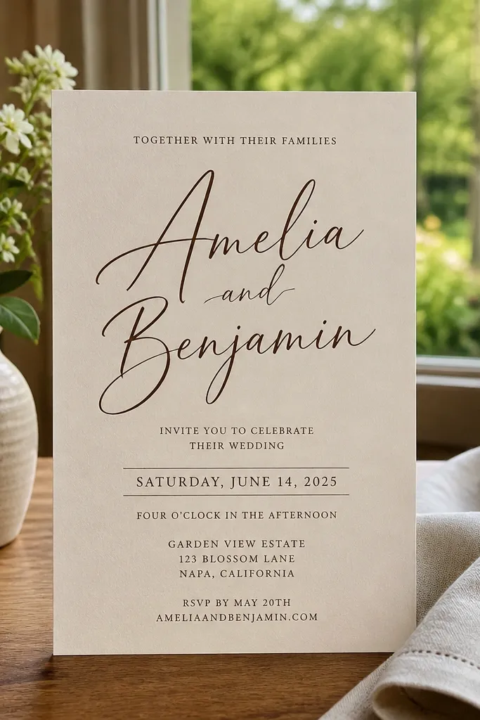 Cream card with large script-style couple names and neat dark date text