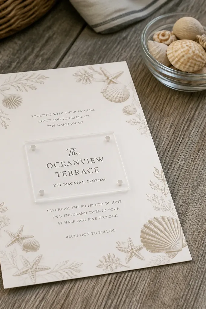 Light sand card with small shell illustrations and a clear venue info panel
