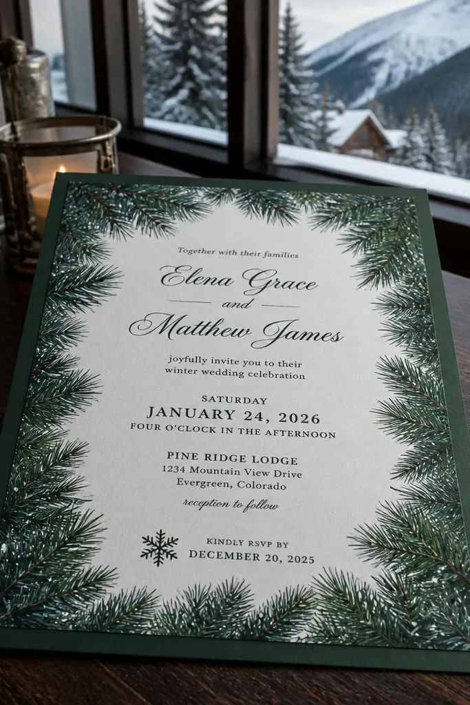 Cream winter card with pine border and a snowflake icon next to RSVP deadline
