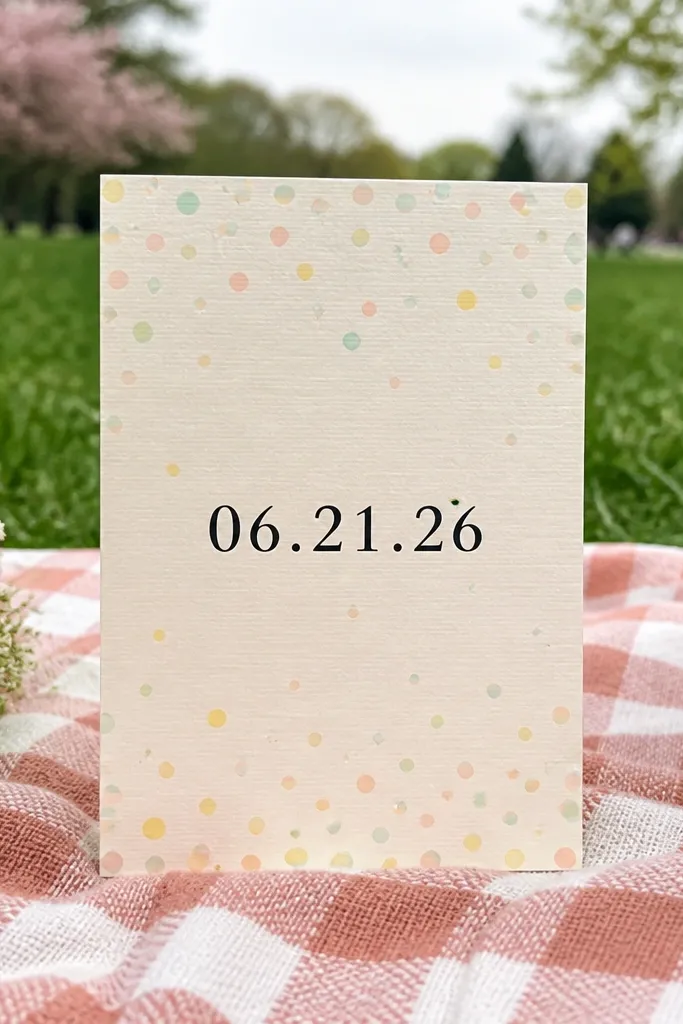 White card with pastel confetti dots and a centered bold date