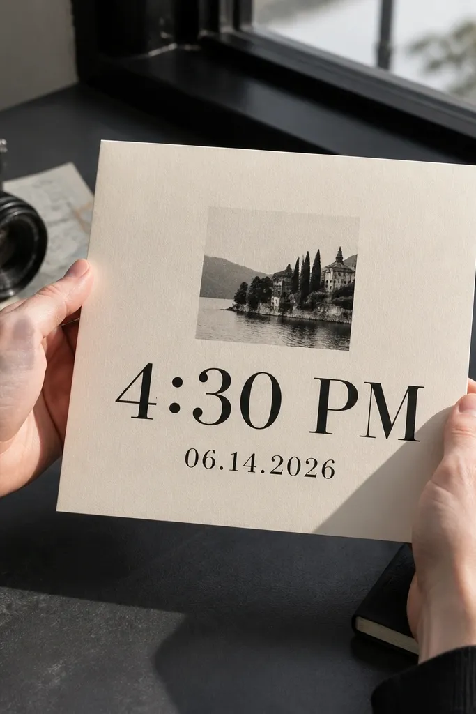 Cream card with a simple monochrome silhouette graphic and large time text