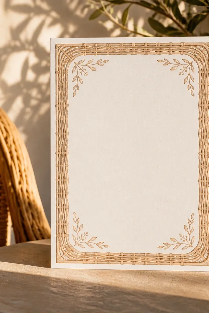 Warm tan card with rattan-style border lines and darker text blocks