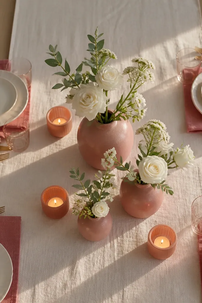 Cream linen table runner with one dusty rose floral arrangement