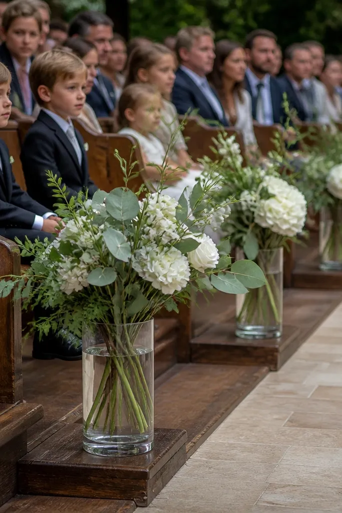 Small bud vases with white and green flowers lining a ceremony aisle