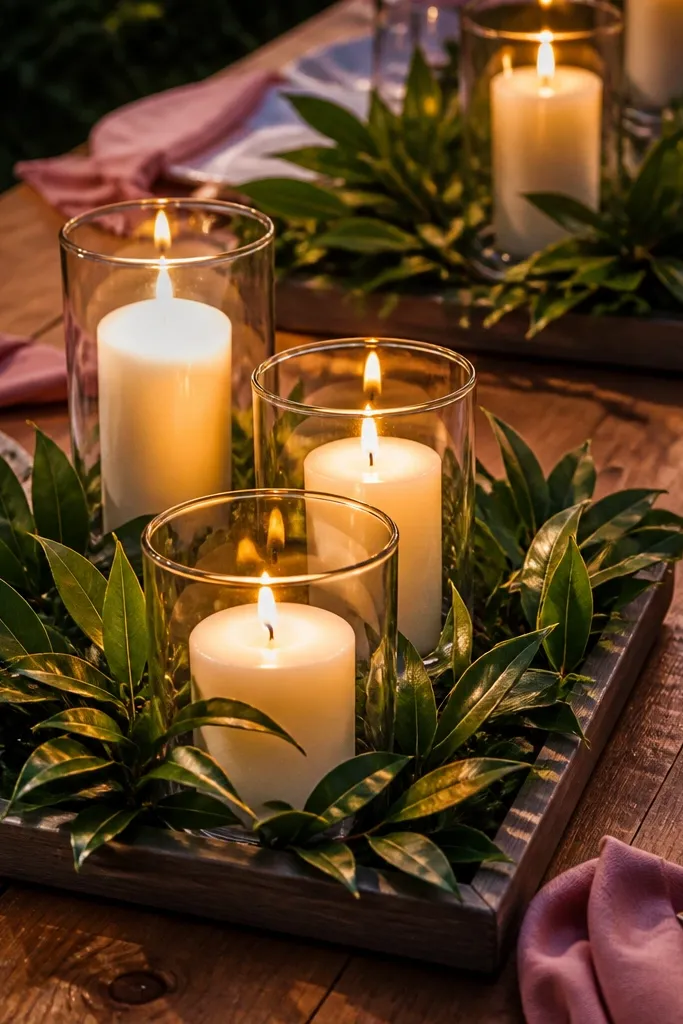Shallow tray with candles and green leaves in the center of a table