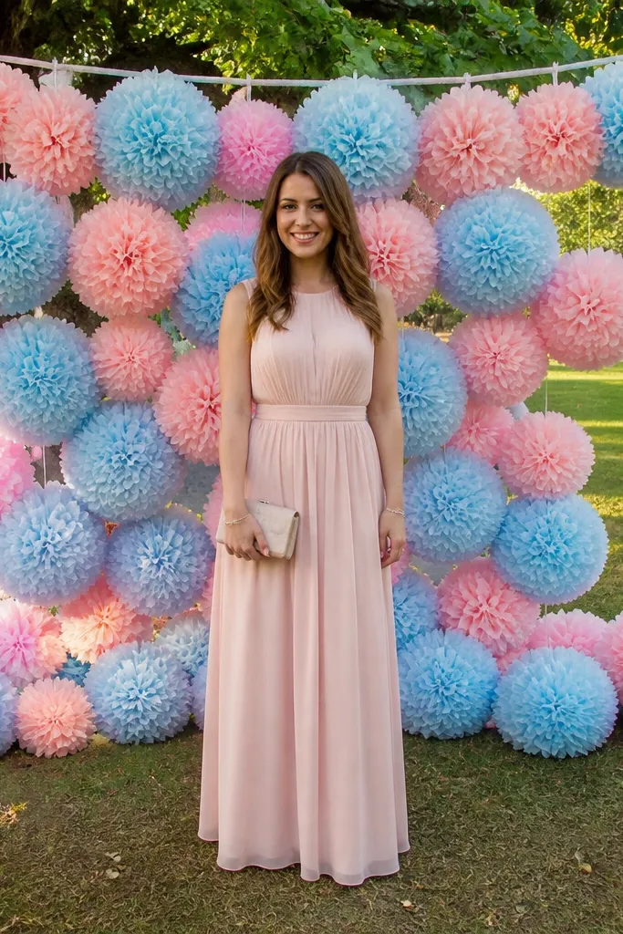 Pastel tissue pom backdrop behind a dessert table