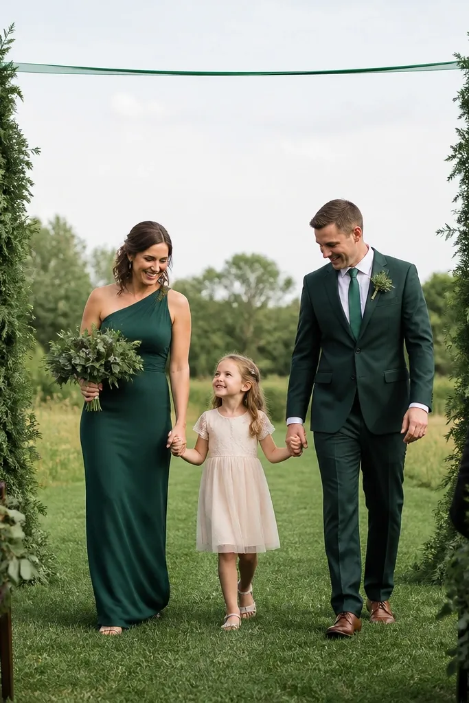 Simple greenery frame behind ceremony chairs with soft neutral fabric