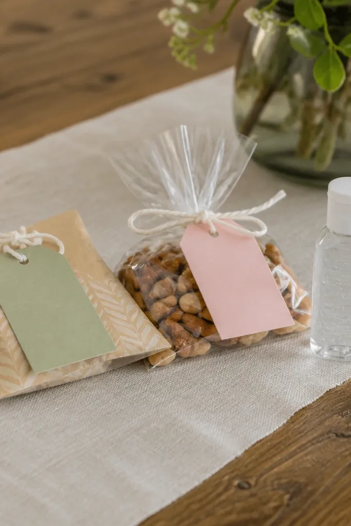 Small welcome bags on a table with matching tags and ribbon