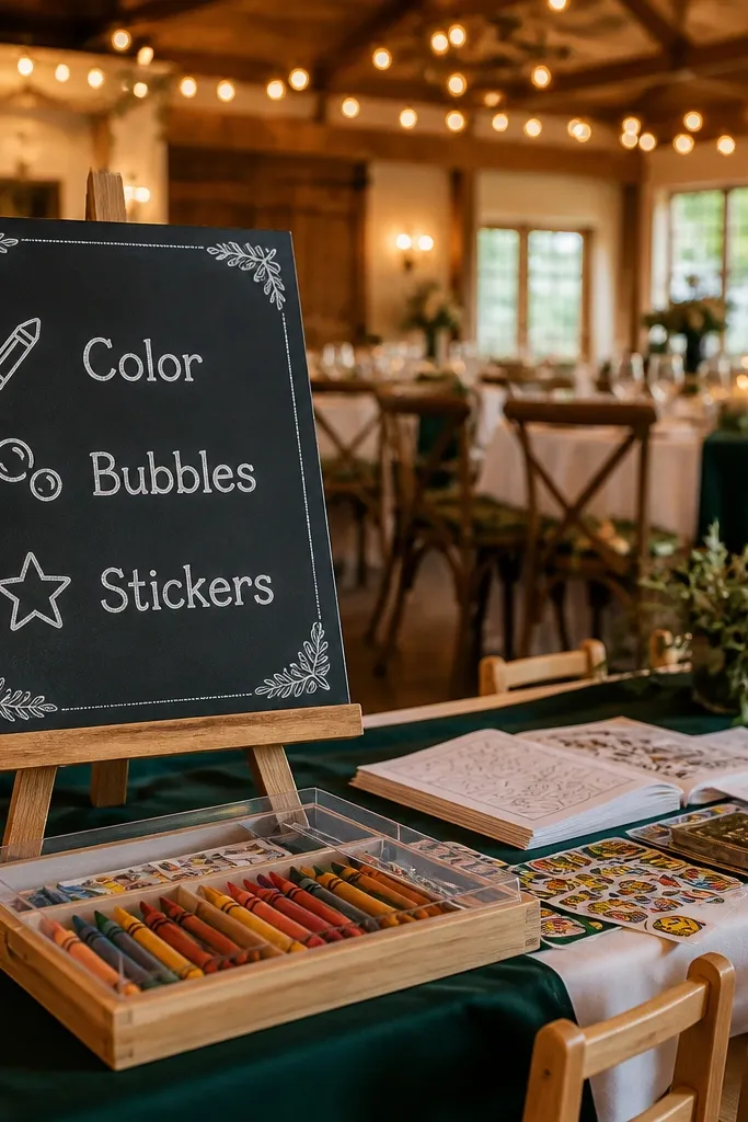 Chalkboard-style signs labeling crayons, coloring, and bubbles