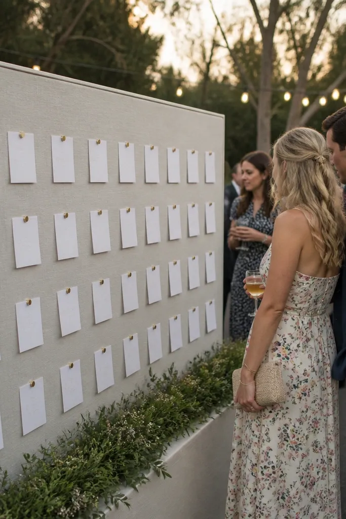 Fabric-backed escort card board with small table number cards