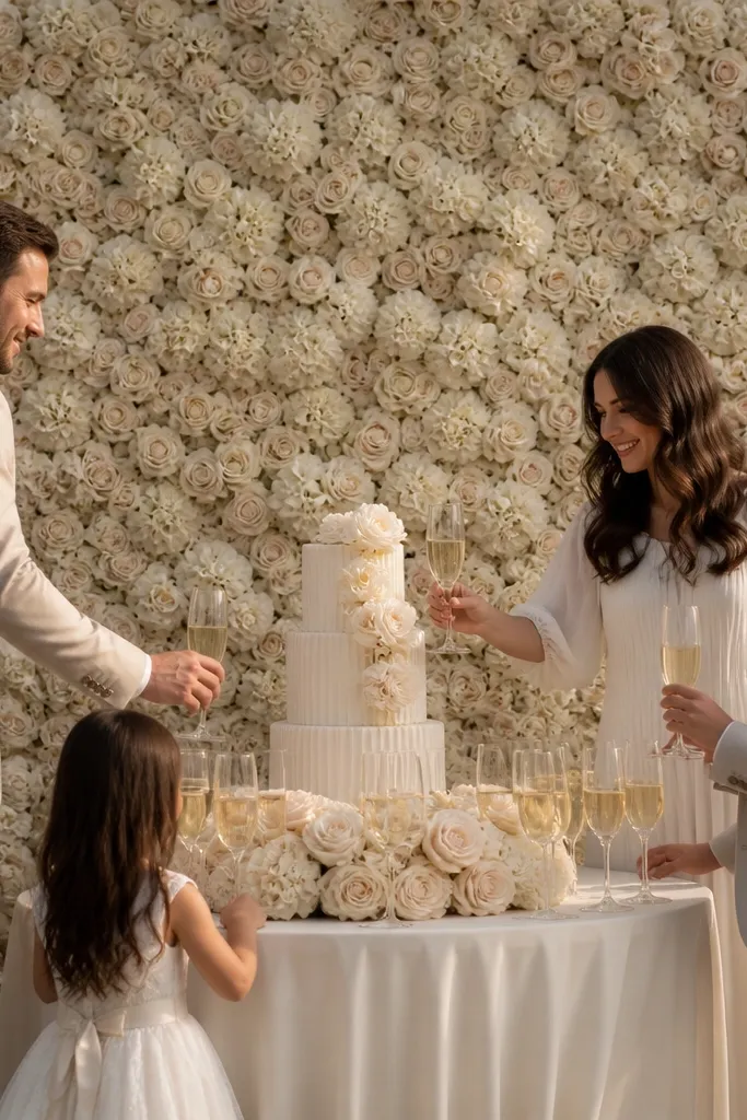 Single-color flower wall panels behind cake and toast area
