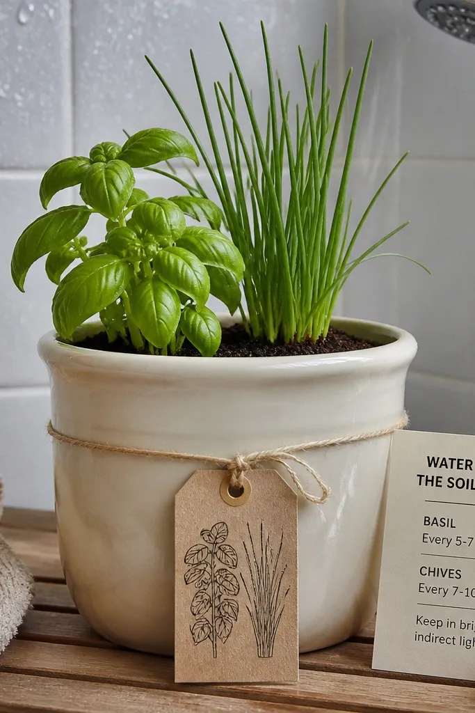 Small ceramic pot with labeled herb seedlings in a gift-ready wrap