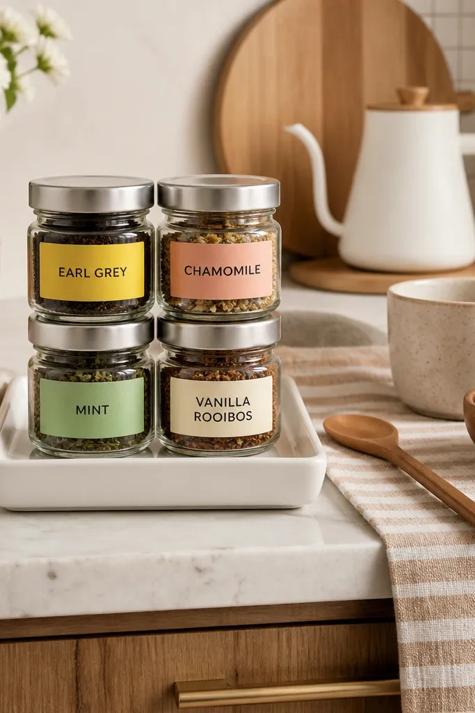 Four small glass jars of tea with labels, arranged in a gift basket