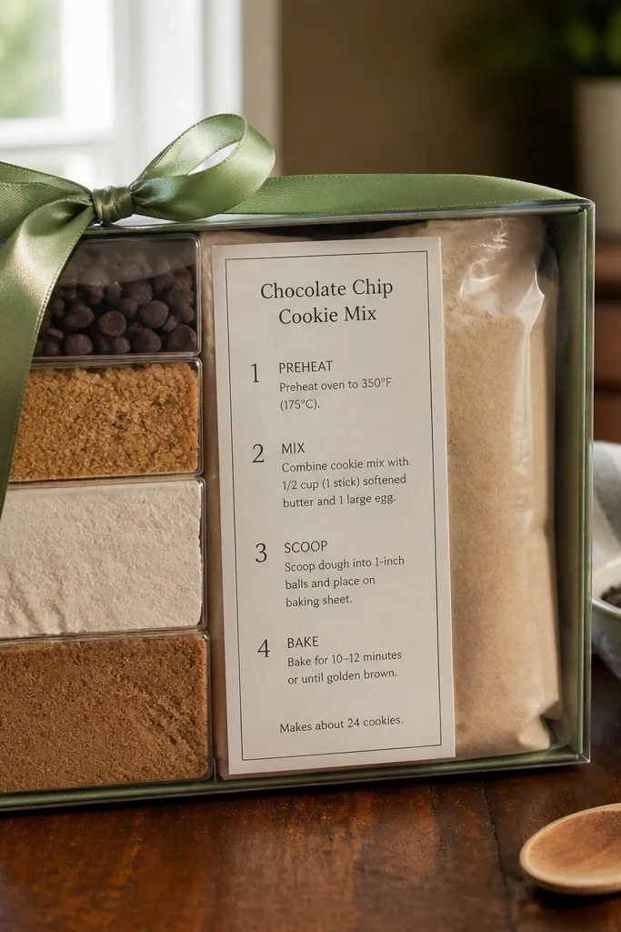 Clear box with cookie kit ingredients and a recipe card, sage ribbon on top
