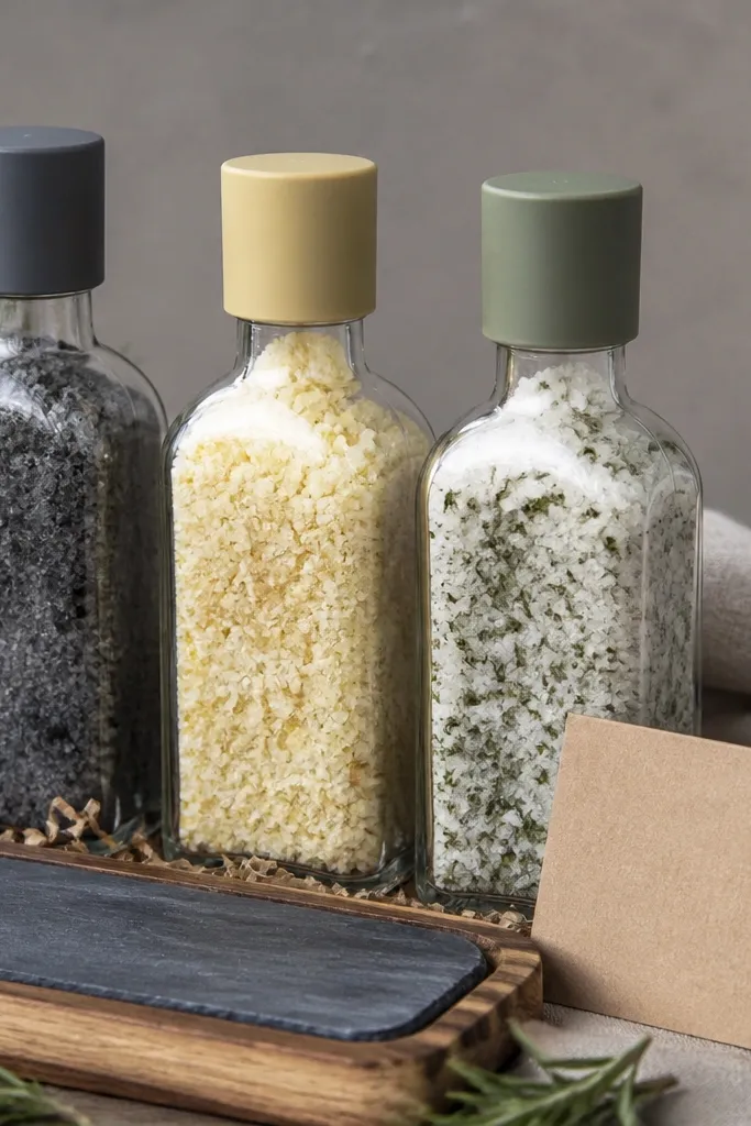 Three small bottles of colored salts with clean labels on a tray