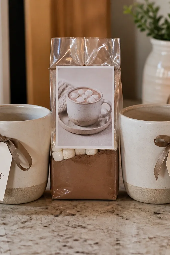 Two ceramic mugs with name tags and cocoa mix packet in a gift basket