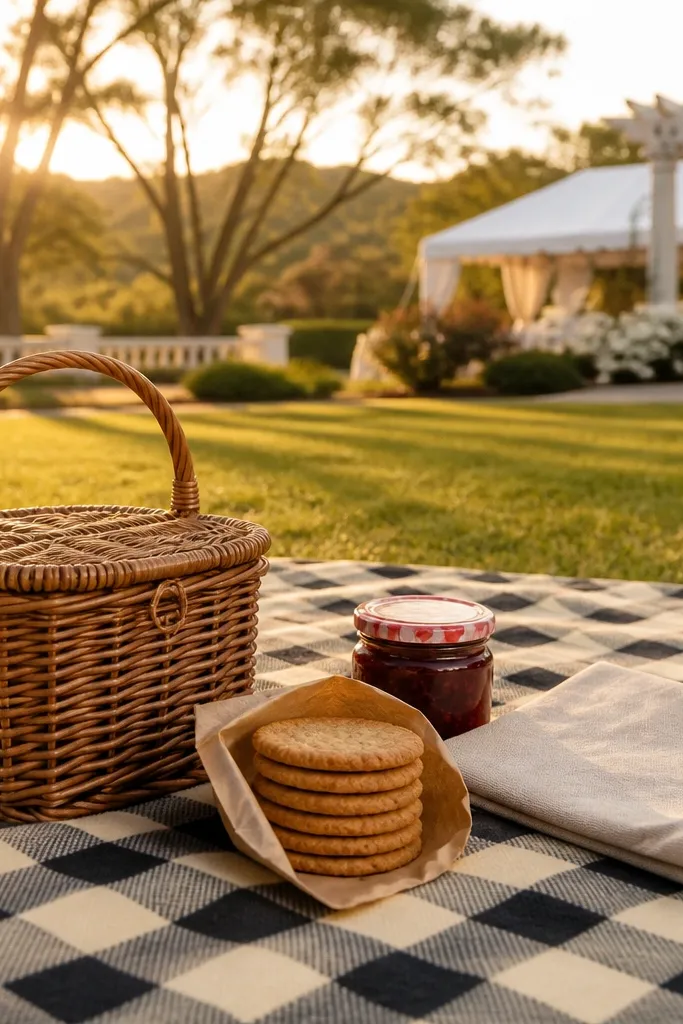 Small picnic basket with a checkered cloth and neatly stacked snack items