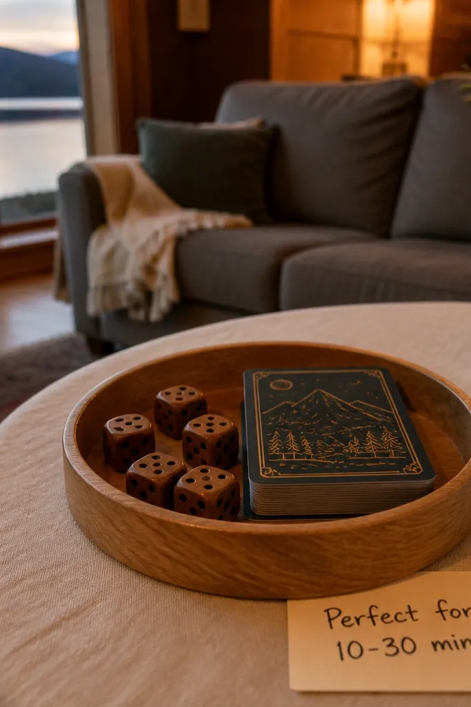 Small gift box with wooden dice and card games, tied with twine