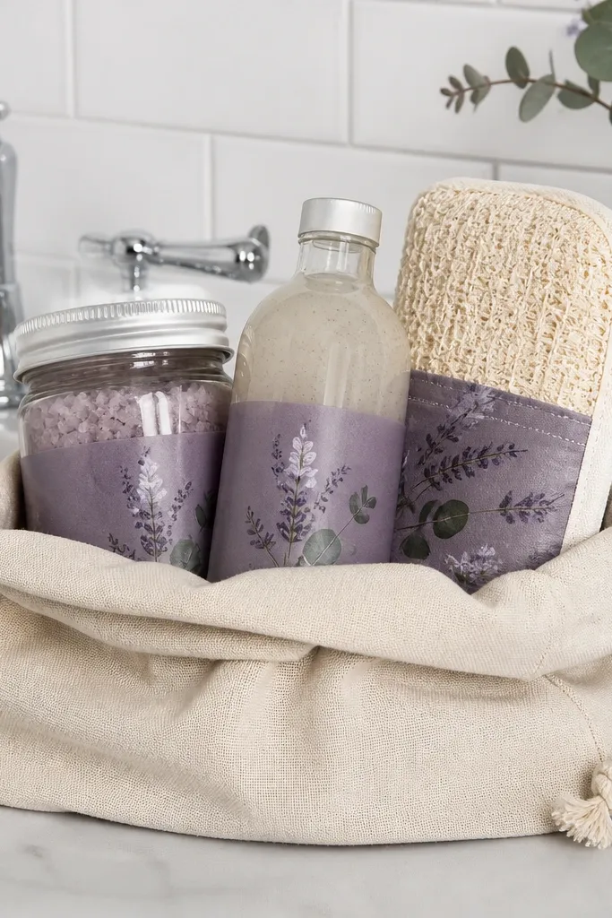 Small spa bag with bath salts, scrub, and a ribbon tie arranged neatly
