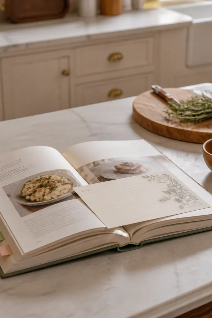 Cookbook with colorful bookmark tabs and a recipe card tucked inside