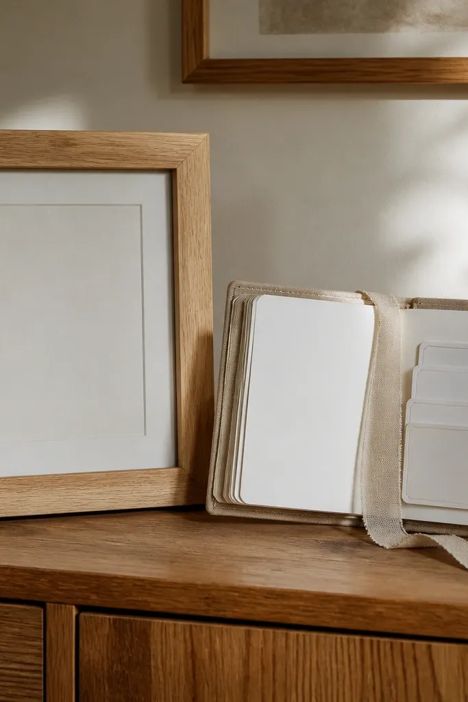 Wood frame and small mini album with prompt cards, wrapped in kraft paper