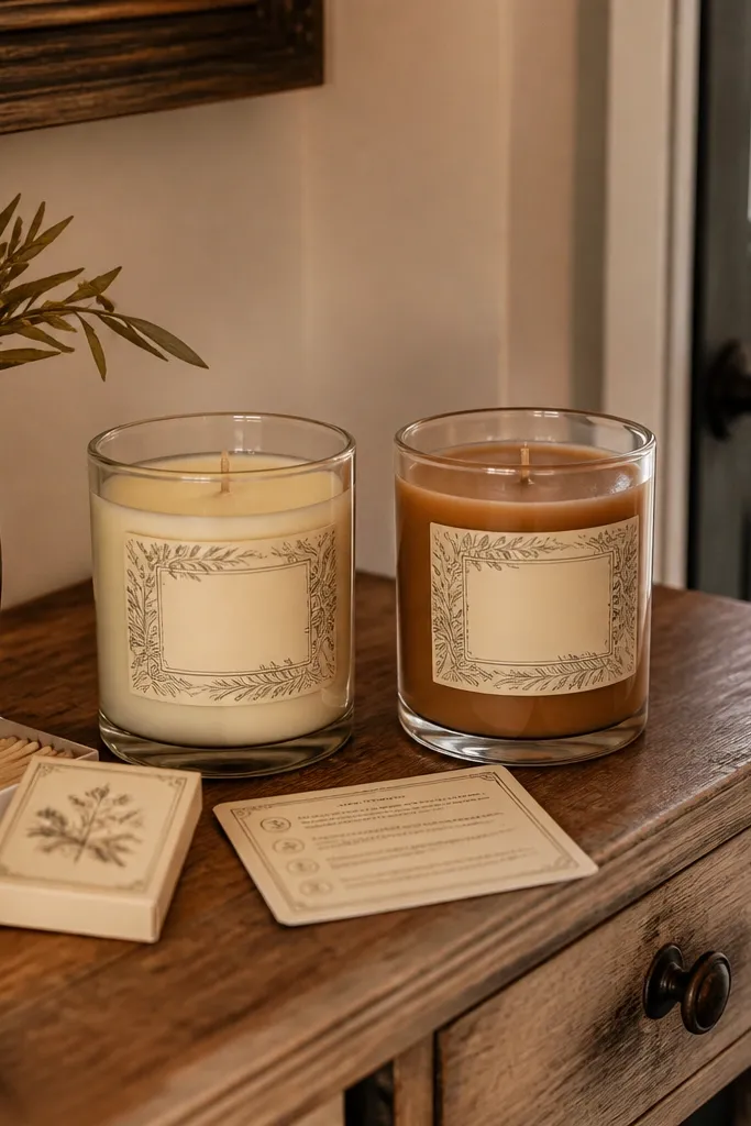 Two candles in matching jars with simple label stickers and a ribbon wrap