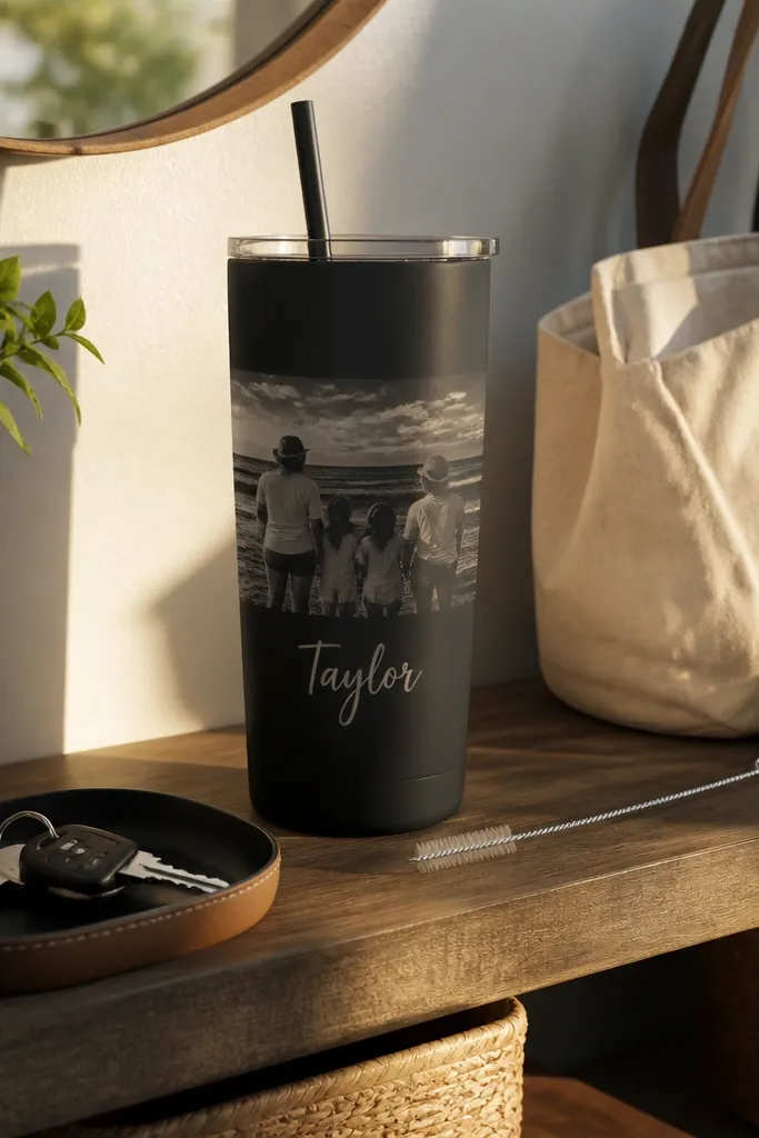 Matte tumbler with name vinyl and a reusable straw in a gift bag