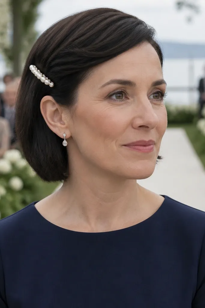 Bob haircut with a side sweep pinned by a small pearl barrette
