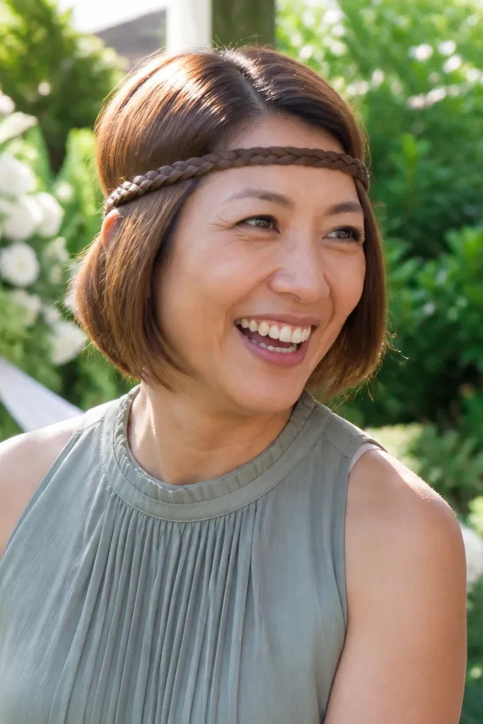 Short bob with a thin braid wrapped like a headband across the front