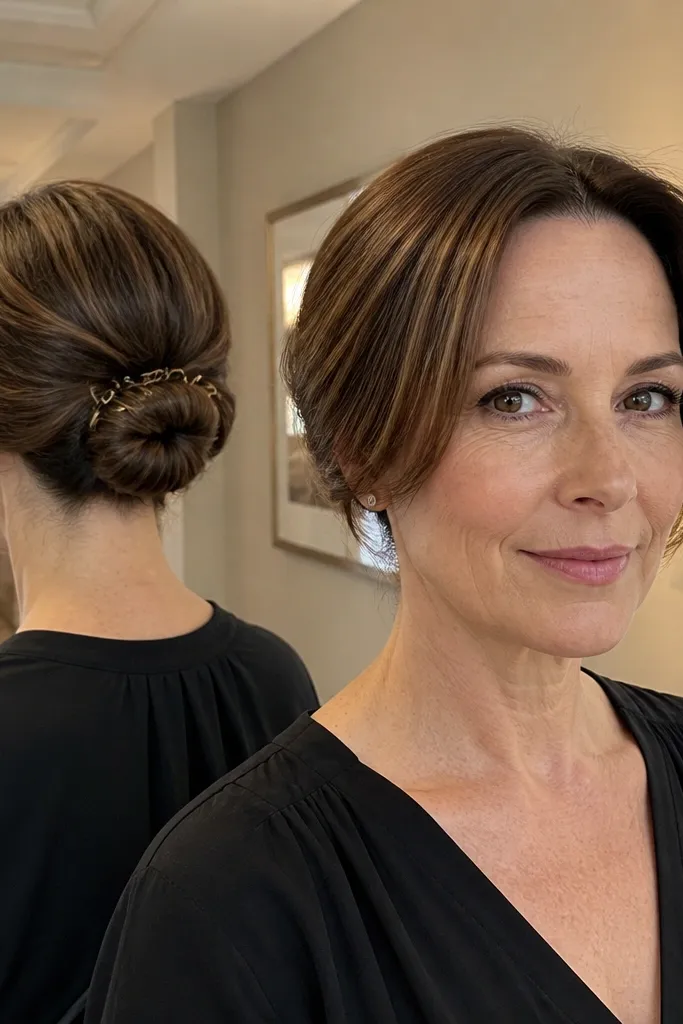 Jaw-length bob pinned into a low bun-like shape at the back