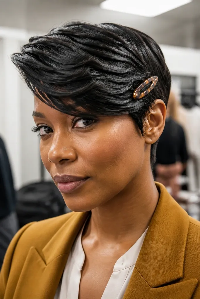 Pixie with hair swept to one side and a low side clip holding it