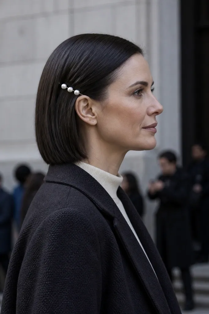 Sleek center-part bob with small pearl pins along the sides