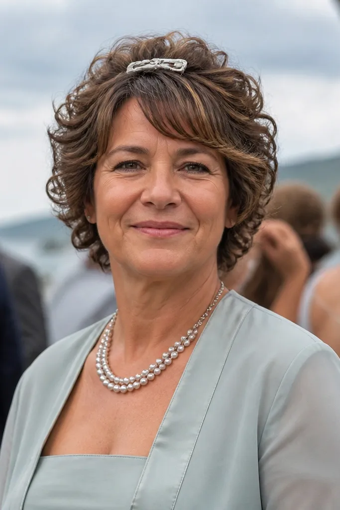 Short shag with soft curls and a small clip at the crown