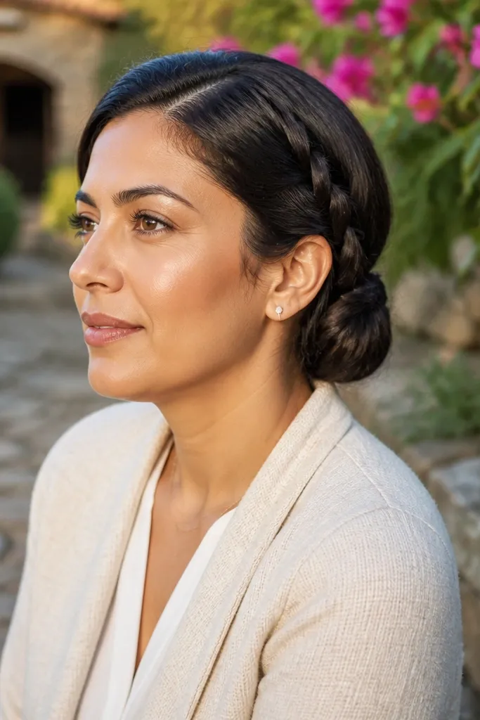 Side braid on a pixie twisted into a small knot pinned near the ear