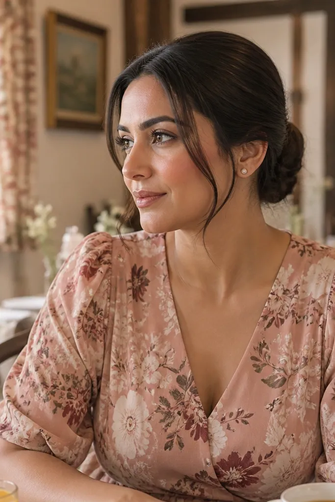 Short hair with a small pinned nape chignon and two loose face-framing pieces