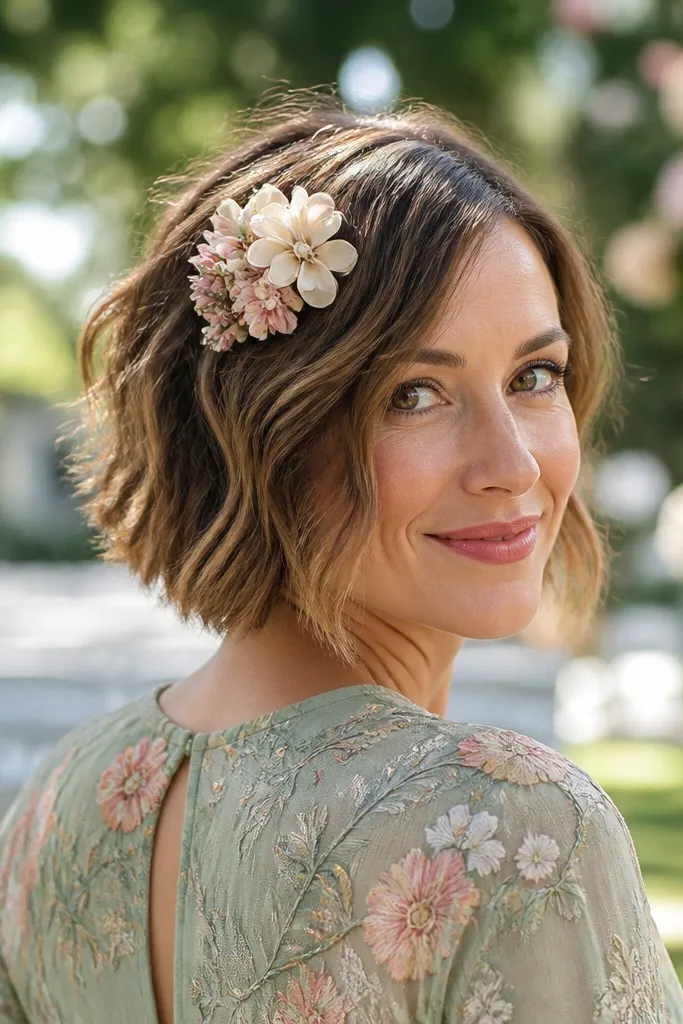 Textured short bob with a small flower clip placed near the crown