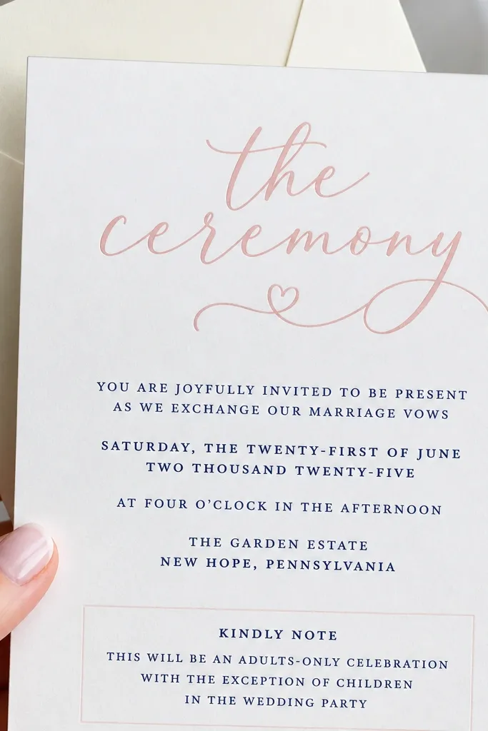 Blush and navy wedding invitation with a script ceremony header and clean RSVP box.