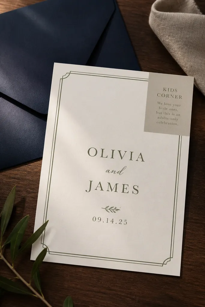 Olive green border with minimal text and a small kids note in the corner.