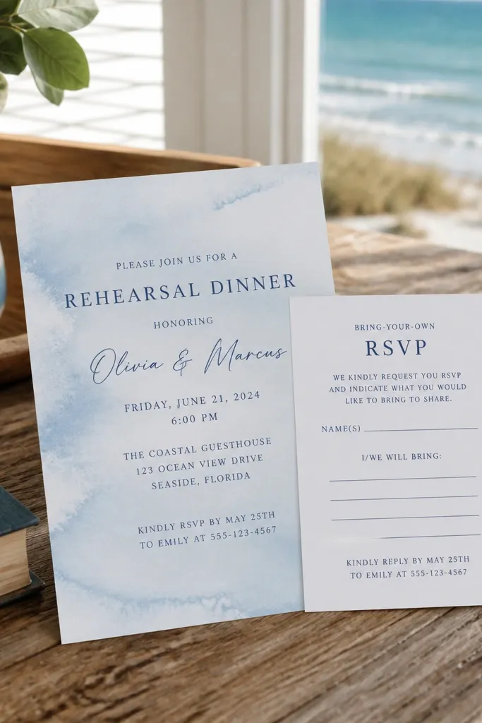Sky blue watercolor wash invitation with a separate RSVP card layout.