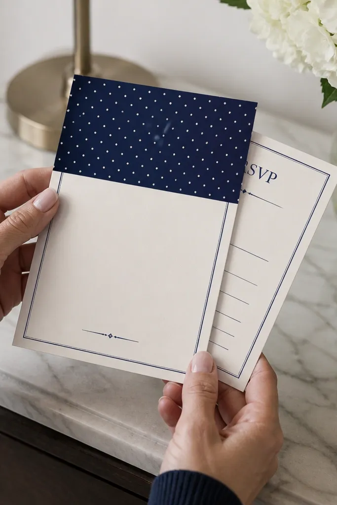 Cream invitation with a navy polka dot top band and clean text blocks.