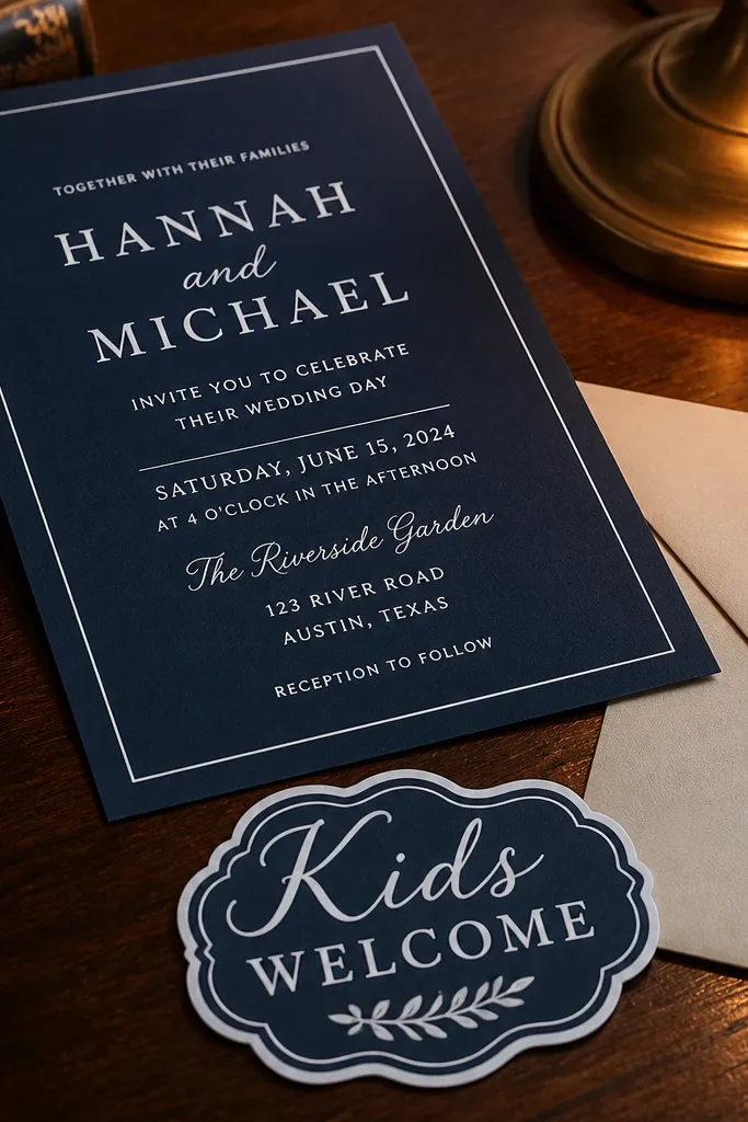 Navy and white invitation with a sticker-style kids welcome label and clean typography.