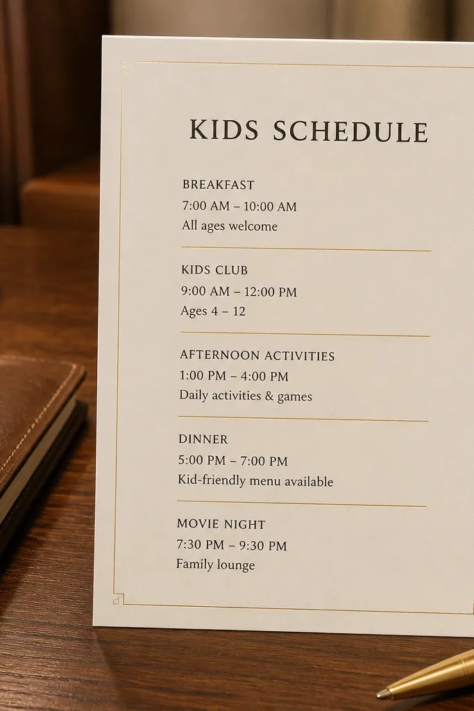 Charcoal invitation with thin gold lines and a boxed kids schedule note.
