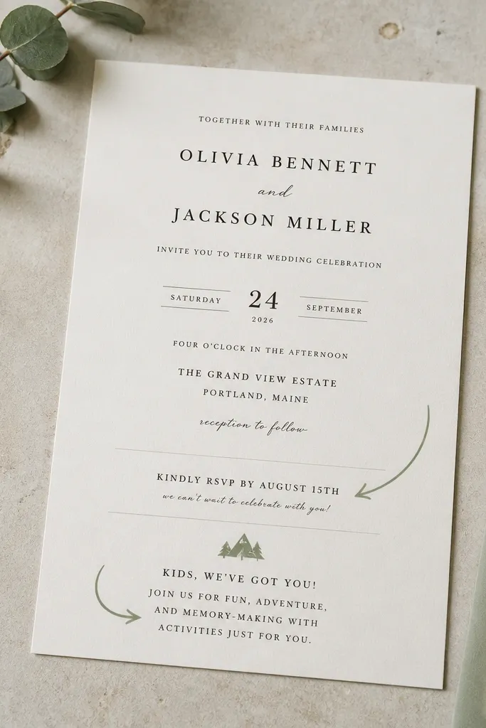 Soft sage green invitation with arrows pointing to RSVP details and kids activity note.