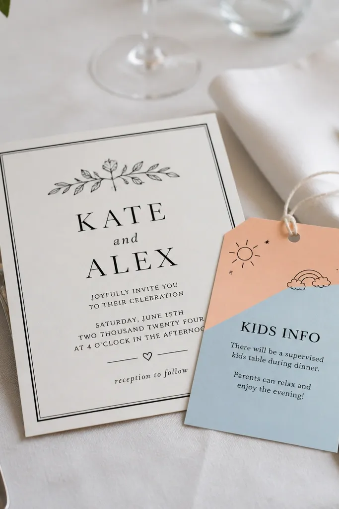 Black and white minimal invitation with a kids info tag and clear RSVP block.