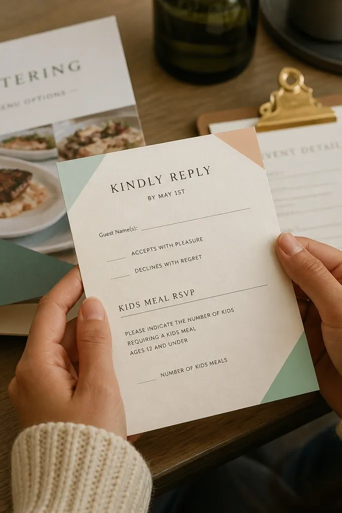 Pastel geometric shapes with a structured kids meal RSVP section and neat typography.