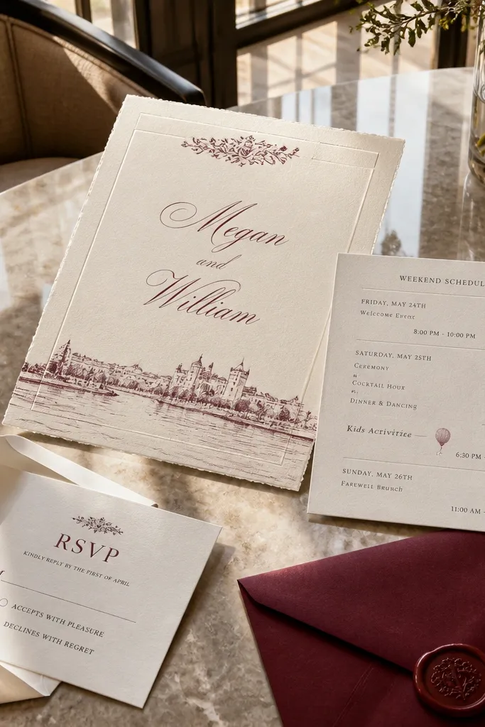 Classic script names with an index-style schedule list and a kids activities line.