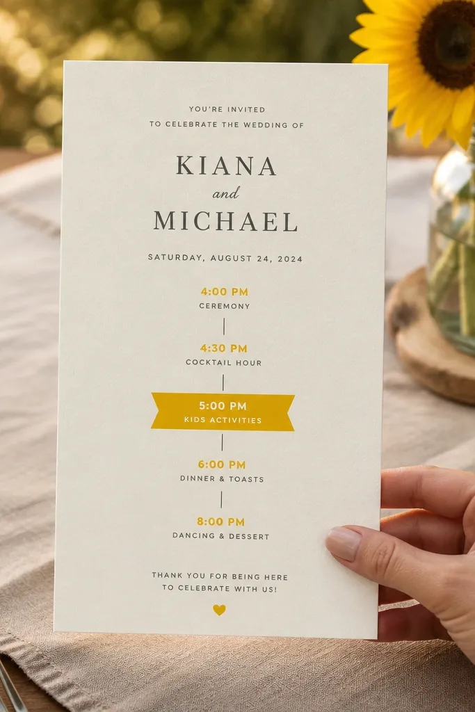 Sunflower yellow accent invite with a reception timing ladder and kids activities line.