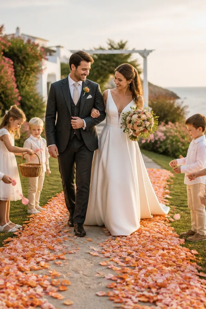 Bride and groom walking through guests holding petals