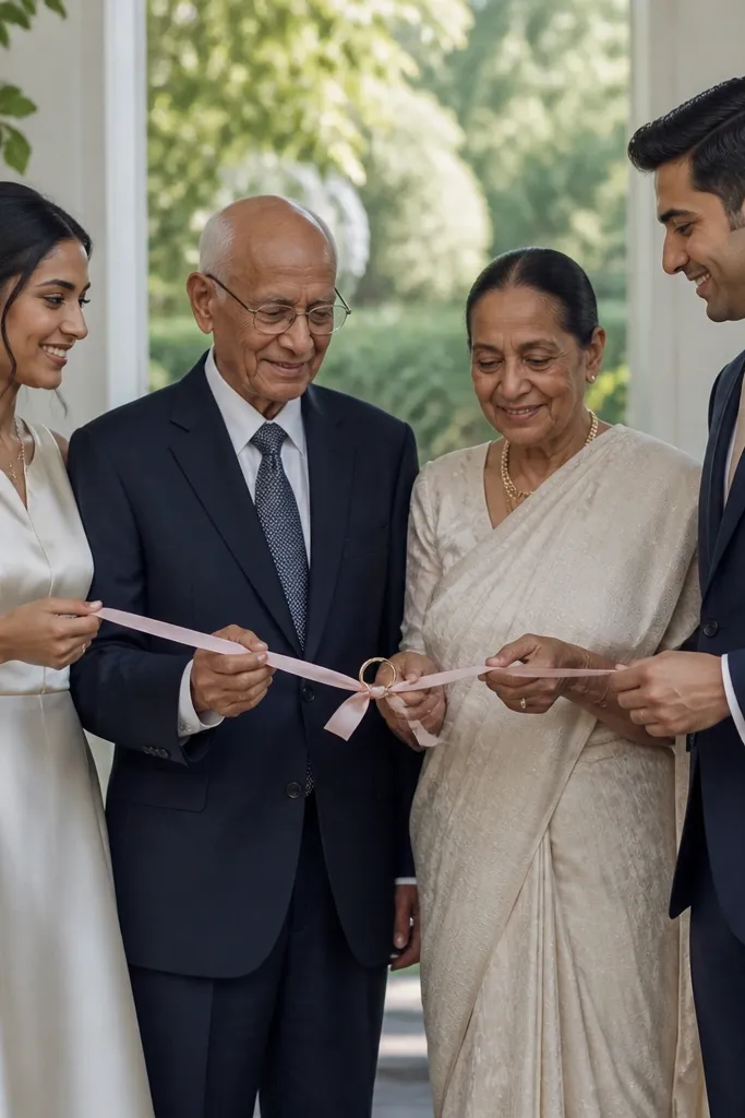 Grandparents holding a ribbon while bride and groom stand close